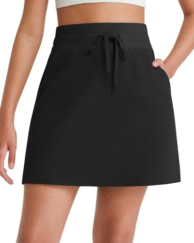 G4Free Cotton Skirts for Women with Pockets A Line High Waisted Drawstring Short Waffle Knit Skirt for Casual Work Golf Breathable (Black,XL) - Image 1