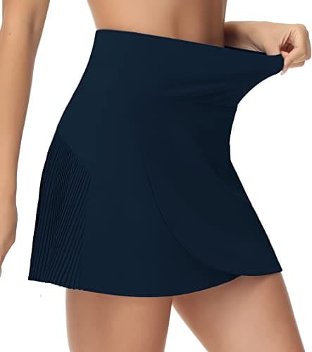 THE GYM PEOPLE Women's High Waisted Tennis Skirts Crossover Hemline Back Pleated Golf Skorts with Inner Shorts Blue - Image 1