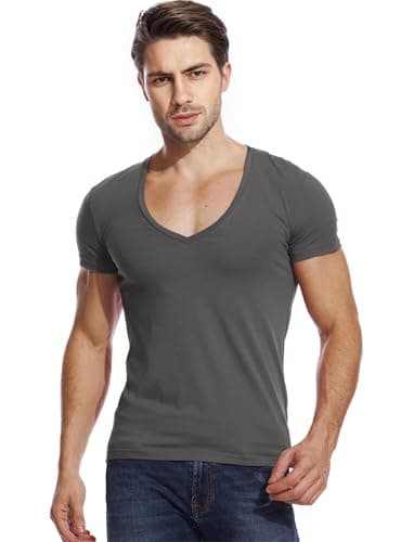 Vogaera Mens Deep V Neck T Shirts Vneck Tshirt Low Cut Undershirts Slim Fit Short Sleeve Tees Casual Dark Grey L - Image 1