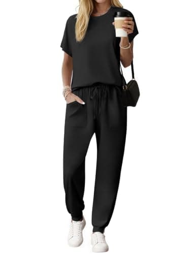 Ekouaer Womens Summer Outfits 2 Piece Sets Casual Short Sleeve Top Jogger Pants Spring Matching Lounge Set Black S - Image 1