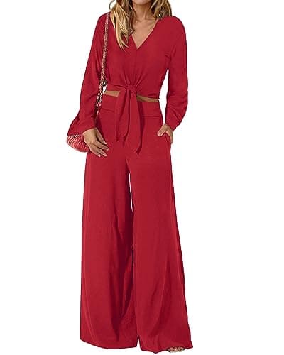 PRETTYGARDEN Women's 2 Piece Outfits 2026 Spring Fashion V Neck Long Sleeve Strappy Crop Top Wide Leg Pant Lounge Sets(Red,Small) - Image 1
