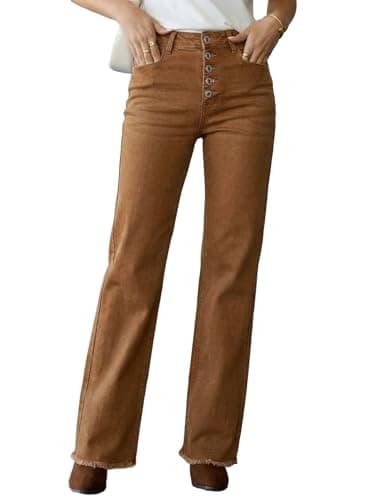 Sidefeel Women's Jeans High Waisted Stretchy Wide Leg Jeans Trendy Button Fly Raw Hem Straight Leg Denim Pants Brown Size 6 - Image 1