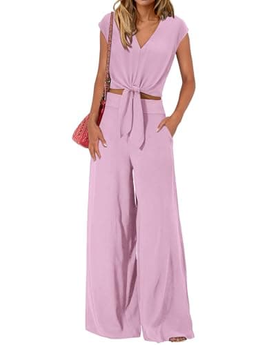 PRETTYGARDEN Women's Summer 2 Piece Outfits 2026 Cap Sleeve V Neck Belted Crop Tops Wide Leg Pant Sets Casual Tracksuit(Solid Light Purple,XX-Large) - Image 1
