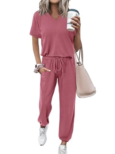 MASCOMODA Womens 2 Piece Outfits Summer Casual V Neck Short Sleeve Tops Long Pants Tracksuit Lounge Jogger Set with Pockets(Pink,Small) - Image 1
