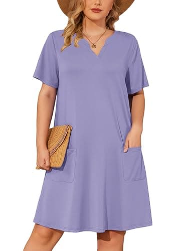 AusLook Plus Size Summer Purple Gray Dress for Women V Neck Short Sleeve Loose Fit Casual Knee Length 5X Sundress with Pockets - Image 1
