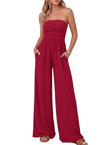 BTFBM Jumpsuits For Women Summer 2026 Beach Vacation Strapless Tube Top Jumpsuit Ruched Casual Wide Leg Pant Rompers(Red, Medium) - Image 1