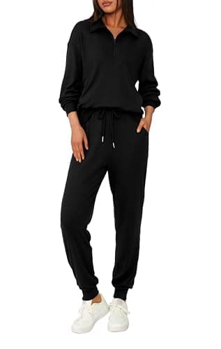 BTFBM Women's 2 Piece Tracksuit Fall Outfits 2025 Long Sleeve Half Zip Sweatshirt Sweatpants Lounge Set Sweatsuits(Solid Black,Medium) - Image 1