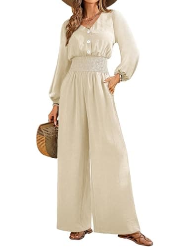 LOOKBOHO Jumpsuits for Women Long Sleeve Dressy Casual 2026 V Neck High Waist Wide Leg Pants One Piece Outfits With Pockets Apricot L - Image 1