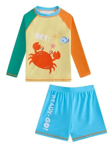 Boys Rash Guard Swimsuits 2 Piece Swim Set Long Sleeve Bathing Suit with Swim Trunks Crab Green 9-10 Years - Image 1