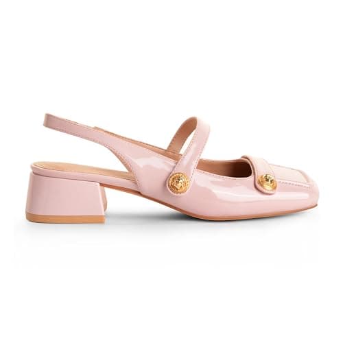 Pink Slingback Mary Jane Heels for Women Low Block Heel Closed Square Toe Pump Shoes Heels Classic Daily Office Dressy Shoes Pink Size 9.5 - Image 1