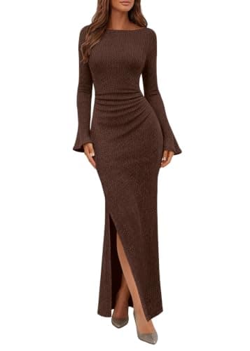 Lazysmile Women's Long Sleeve Bodycon Maxi Dress Crewneck Ruched Slit Ribbed Knit Formal Wedding Guest Cocktail Dresses Brown - Image 1