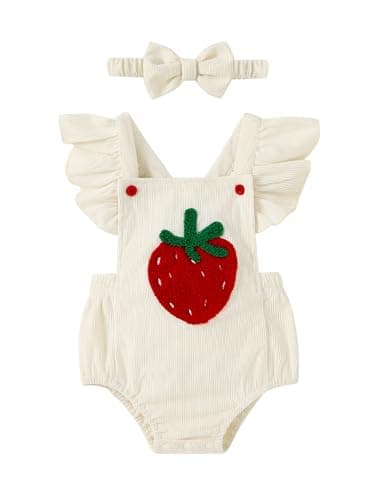 GEMLON Newborn Baby Girl Clothes Ruffled Sleeveless Strawberry Embroidery Infant Romper with Headband 6 12 Month Girl Clothes - Image 1