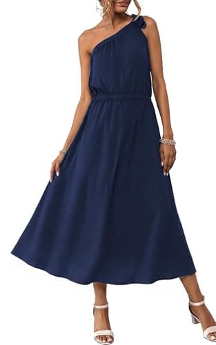 ECOWISH Womens Summer One Shoulder Maxi Dress Casual Polka Dot Midi Dresses Sleeveless Long Pockets Sundress Beach Vacation 92Navy Blue Medium - Image 1