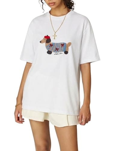 Aelfric Eden Mens Oversized Graphic Tees Dog Embroidery Casual Women Tshirts Short Sleeve Top Cotton Cute Tee Shirt White - Image 1