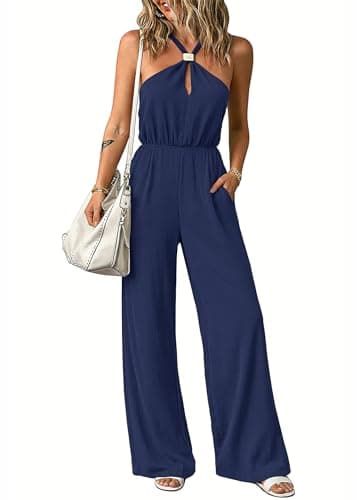 Lazysmile Summer Jumpsuits for Women Sleeveless Halter Backless Pants Romper Dressy Wide Legs One Piece Outfits - Image 1