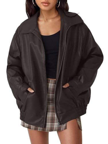 hathne Women's Oversized Leather Jackets Faux Zip Up Fall Fashion Motorcycle Jackets Coats Winter Clothes(Coffee,M) - Image 1