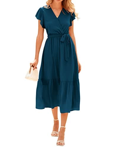 BTFBM Women Summer Bohemian Floral Casual Wrap V Neck Ruffle Cap Sleeveless Belt A-Line Pleated Hem Swing Midi Sun Dress (Solid Lake Blue, XX-Large) - Image 1