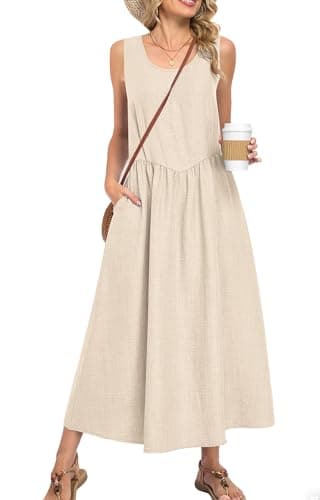 MOLERANI Women’s Summer Maxi Dress Sleeveless A-Line Flowy Sundress Elastic Waist Lightweight Breathable Casual Beach Vacation Outfit Round Neck Resort Wear Wear Light Apricot L - Image 1