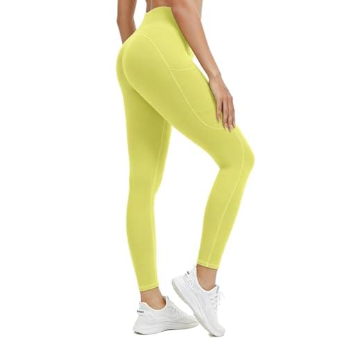 AMLEER High Waisted Full Length Leggings with Pockets for Women, Tummy Control 4-Way Stretch Moisture Wicking Yoga Workout Leggings, Neon, X-Large - Image 1