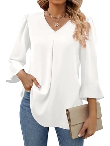 Funlingo 3/4 Length Sleeve Womens Tops Dressy Casual Fall Dressy V Neck Blouses Work Pleated Chiffon Tunic Flowy White Shirts 3XL - Image 1
