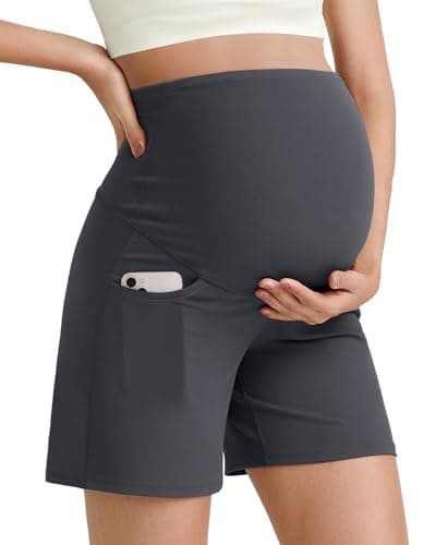 G4Free Maternity Shorts Active Over The Belly Stretchy Pregnancy Yoga Shorts with Pockets Workout Short Lounge Pants(Dark Gray,L) - Image 1