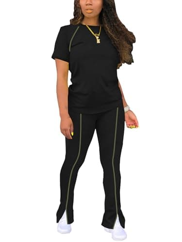 STOLKISS Women Tracksuit 2026 Fall 2 Piece Outfits Airport Travel Vacation Outfits Long Sleeve Lounge Sets Flared Legging Pants Athleisure Beige Black S - Image 1