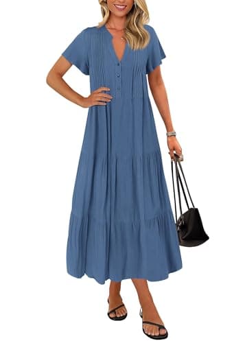 KIRUNDO Summer Maxi Dresses for Women 2026 Spring Fashion Short Sleeve Button V Neck Pleated Loose Tiered Swing Flowy Dress(Blue, Large) - Image 1