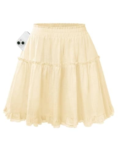 Kate Kasin Women Cotton Mini Skirts with Shorts Underneath, Ruffle Yellow Skirt Flowy, Lace Skorts with Pockets L - Image 1