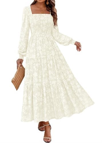 KIRUNDO Wedding Guest Dresses for Women 2026 Spring Summer Long Sleeve Smocked Floral Flowy Baby Shower Maxi Dress Pockets (Cream, Medium) - Image 1