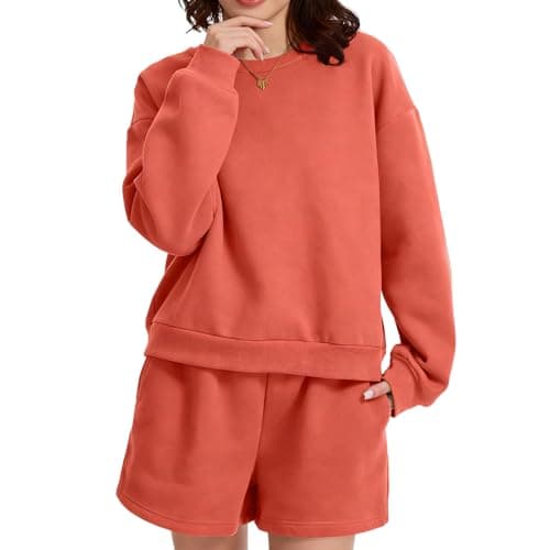 Anyshe Women's 2 Piece Fleece Lined Short Set - High Waisted Crew Neck Sweatshirt & Shorts, Soft Cozy Loungewear for Air Conditioned Rooms & All Season Wear, Terracotta, X-Large - Image 1