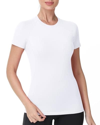 Roadbox Women's Compression Shirts, Short Sleeve Workout Tops Athletic Gym T-Shirt Yoga Running Quick Dry Base Layer White - Image 1