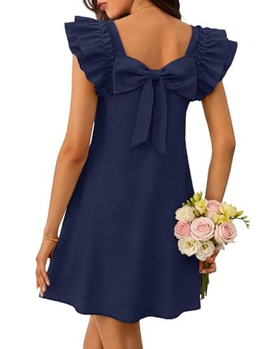 MEROKEETY Women's Spring Ruffle Sleeve Bow Mini Dress 2026 Summer Square Neck Casual Cute Shift Sundress Pockets Navy, Medium - Image 1