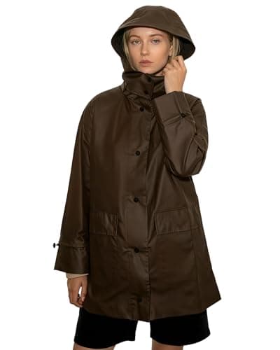 Women's Waterproof Raincoat Jacket with Hood - Lightweight, Stylish Windbreaker with Snap Buttons & Metal Detail - Waterproof Rain Gear for Women, Light Rain Poncho for Outdoor, Daily Wear(Brown)-M - Image 1