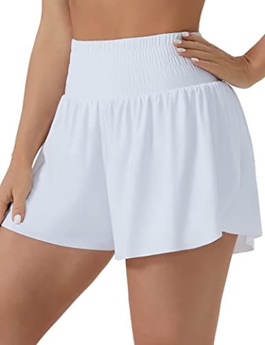 THE GYM PEOPLE Women's High Waisted Flowy Running Shorts 2 in 1 Athletic Workout Skirt Shorts White - Image 1
