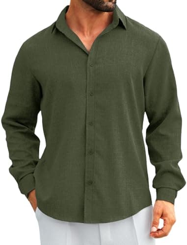 MAPICK Mens Linen Shirts Lightweight Wrinkle Free Travel Long Sleeve Shirts Loose Fit Button Down Shirts(Army Green,3X-Large) - Image 1