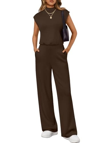 LILLUSORY Jumpsuits for Women Dressy Summer Jumpsuit 2026 Cap Sleeve Tops High Waist Wide Leg Pant Sets with Pockets BlackBrown XL - Image 1