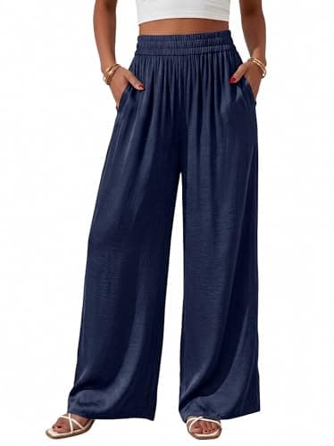 BTFBM Wide Leg Pants Woman Summer 2026 Pockets Dressy Flowy Lightweight Glitter Satin Palazzo Beach Vacation Clothes(Navy, Small) - Image 1