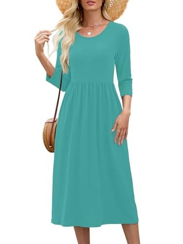 Heymoments Midi Dress for Women Nile Blue X-Large Wedding Guest A line Crewneck 3/4 Sleeves Casual Flowy Swing Cocktail Slimming Birthday Party Spring Fall Winter Travel Long Midi Dresses - Image 1