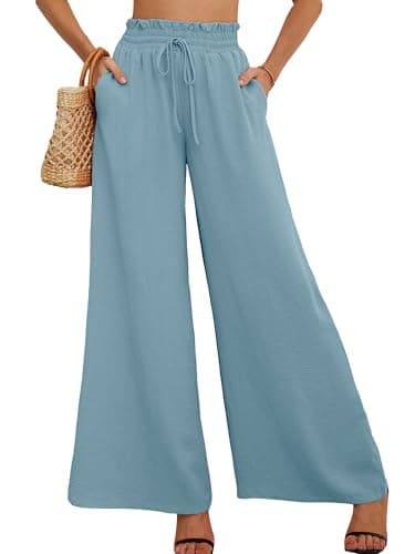 AusLook Women's Wide Leg Dress Pants with Pockets Blue Gray X-Large Lightweight Elastic High Waisted Adjustable Tie Knot Flowy Loose Slacks Lounge Casual Ladies Beach Pleated Trousers - Image 1