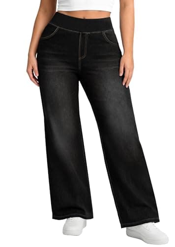 AVAMO Plus Size Jeans for Women Stretchy Wide Leg Pull On Sweatpant Jeans for Curvy Women High Waisted Baggy Denim Pants Black - Image 1