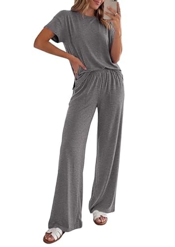 PRETTYGARDEN Women's 2026 Summer 2 Piece Matching Lounge Sets Short Sleeve Shirts Tops Wide Leg Pants Travel Airport Outfits (Dark Grey,Large) - Image 1