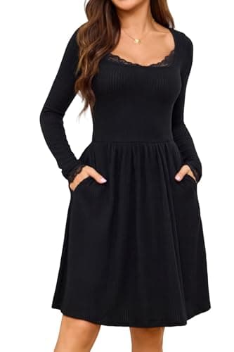 Ystguic Women Long Seeve Empire Waist Square Neck Casual Babydoll Sweater Ribbed Knit Lace Tunic Fall Winter A Line Midi Dresses with Pocketss X-Large YG062 Black XL - Image 1