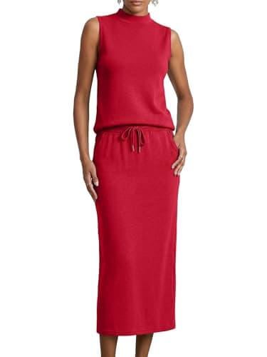 Casly Lamiit Two Piece Outfits for Women Casual Maxi Skirt Set Mock Neck Sleeveless Party Lounge Wear Matching Sets Women Clothing Red XL - Image 1