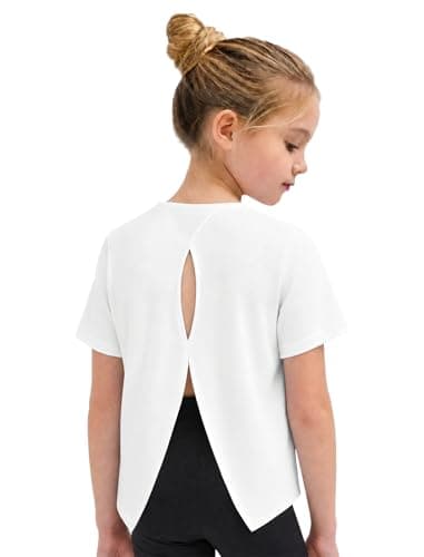 Wenlia Girls Athletic Shirts Short Sleeve Activewear Tops Back Slit Sports T Shirts for Running Tennis, White, 7-8 Years, 130 - Image 1