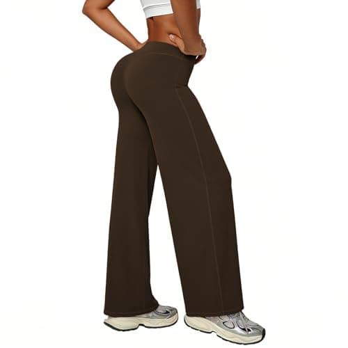 YZMJAFU Women’s Yoga Pants, Seamless Front Design Mid Waisted Athletic Pants, Stretch Casual Soft Straight Leg Pants Chestnut|L - Image 1