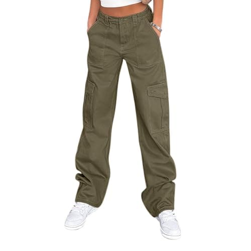 Lepunuo Cargo Pants for Women High Waisted Casual Pants Baggy Stretchy Wide Leg Y2K Streetwear with 6 Pockets Olive Green - Image 1