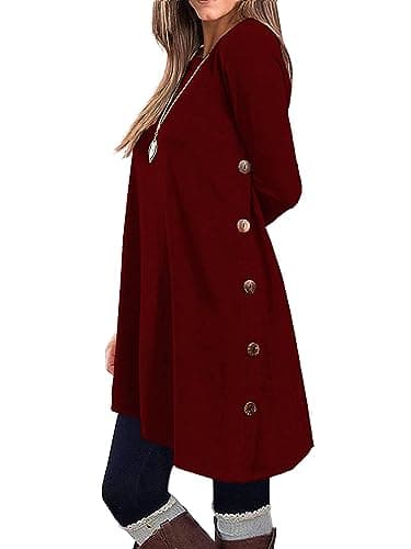 KORSIS Dresses for Women Wine Red X-Large Long Sleeve Round Neck Casual Button Side T Shirts Loose Fitting Sweater Wrap Fall Winter Christmas Tunic Dress - Image 1