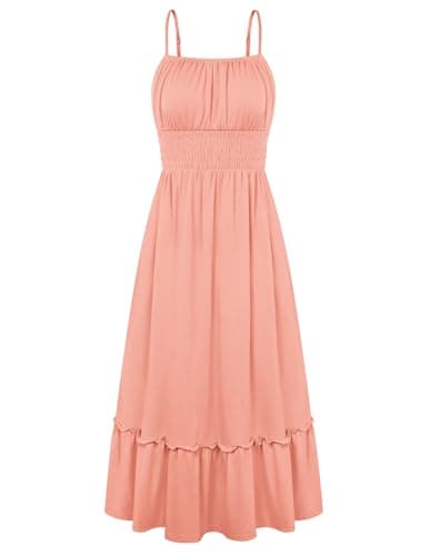 GRACE KARIN Women's Summer Maxi Dress 2026,Smocked Ruched Bust Sundress with Adjustable Straps & Pockets Coral M - Image 1