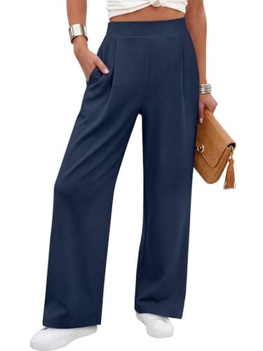 ANRABESS Womens Pants Wide Leg Waffle Knit Casual Stretchy Work Dress Pants 2026 Pull on Business Slacks Trousers Outfits Medium Navy Blue - Image 1