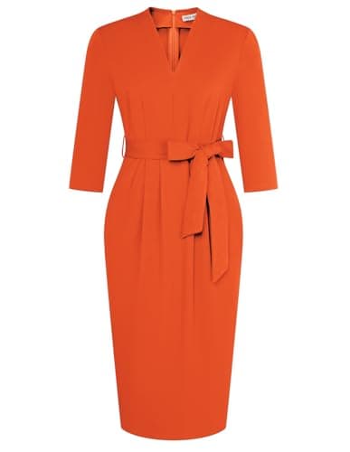 GRACE KARIN Women's Wear to Work Dresses V Neck 3/4 Sleeve Dress for Women Orange Cocktail Dress Semi Formal Dresses for Women with Belt S - Image 1